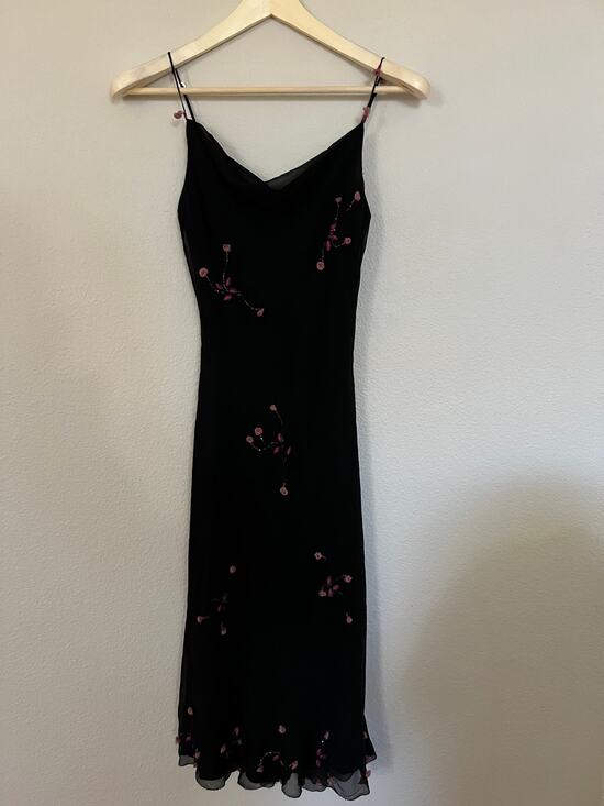 Betsey Johnson Dresses & Skirts - Vintage Betsy Johnson Silk Slip Dress Blk Appliqué Flowers Beaded XS Y2K Rare